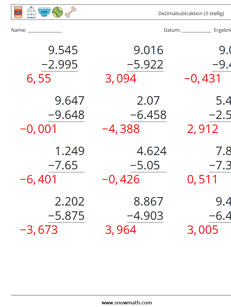 (12) Dezimalsubtraktion (3-stellig) Mathe-Arbeitsblätter 5 Frage, Antwort