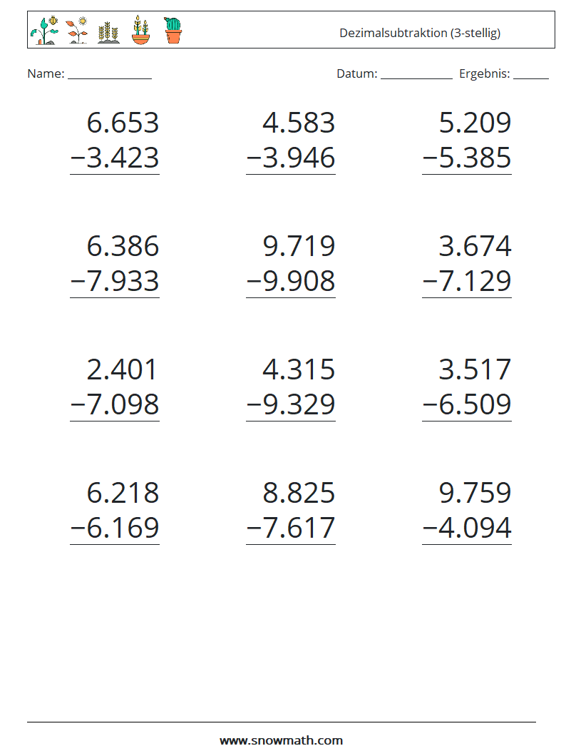 (12) Dezimalsubtraktion (3-stellig) Mathe-Arbeitsblätter 6