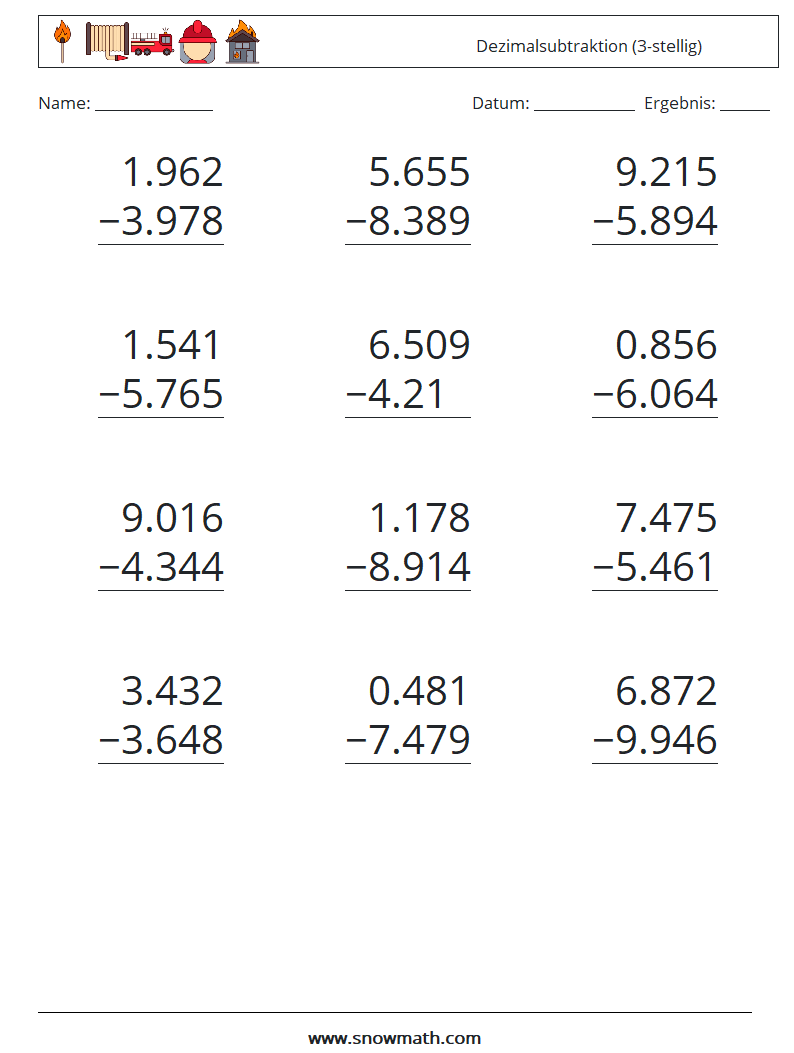 (12) Dezimalsubtraktion (3-stellig) Mathe-Arbeitsblätter 7