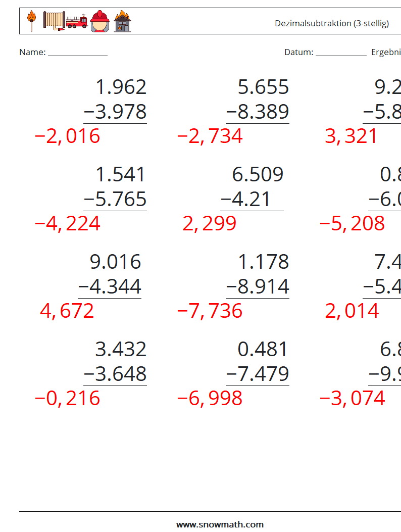 (12) Dezimalsubtraktion (3-stellig) Mathe-Arbeitsblätter 7 Frage, Antwort