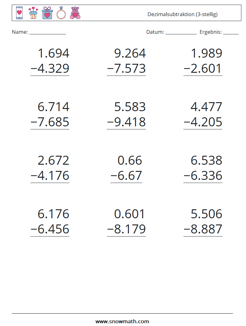 (12) Dezimalsubtraktion (3-stellig) Mathe-Arbeitsblätter 8