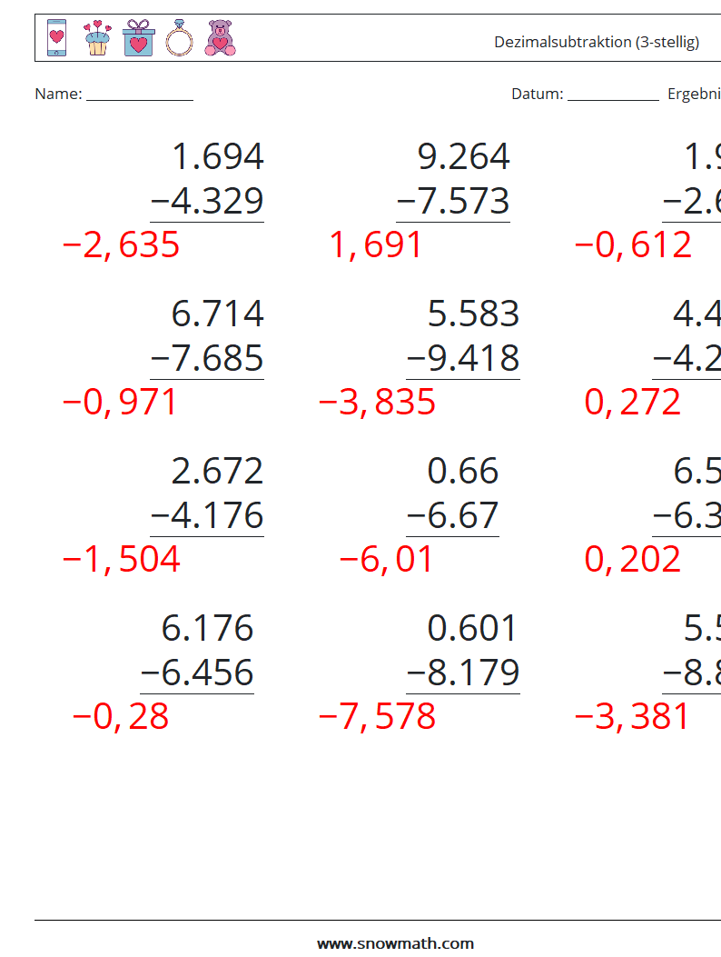 (12) Dezimalsubtraktion (3-stellig) Mathe-Arbeitsblätter 8 Frage, Antwort