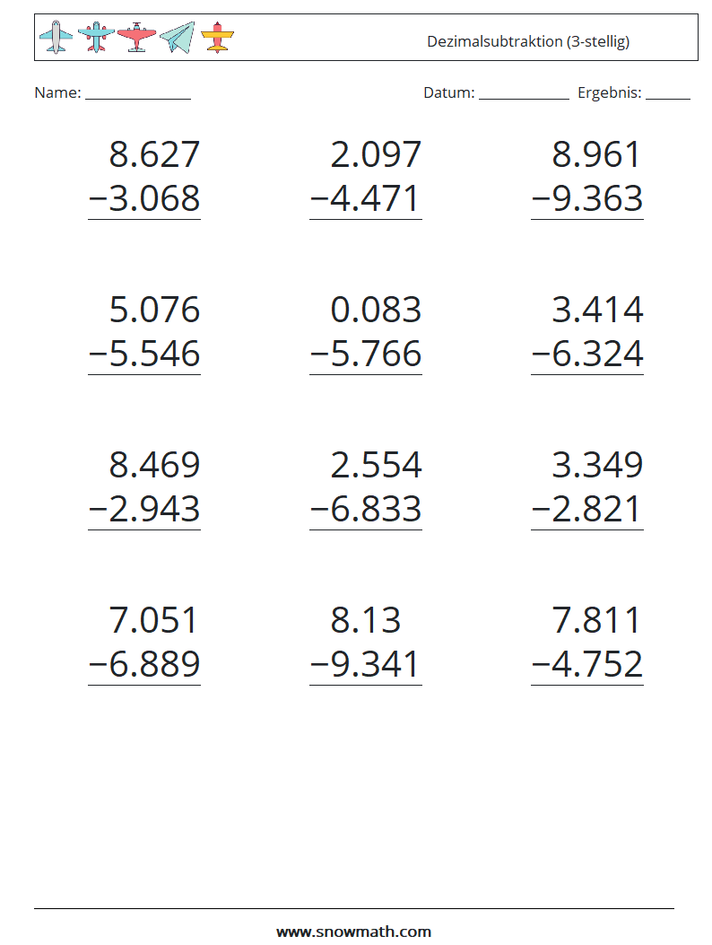 (12) Dezimalsubtraktion (3-stellig) Mathe-Arbeitsblätter 9