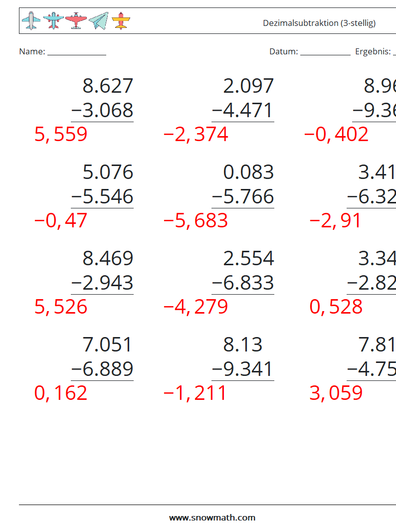 (12) Dezimalsubtraktion (3-stellig) Mathe-Arbeitsblätter 9 Frage, Antwort