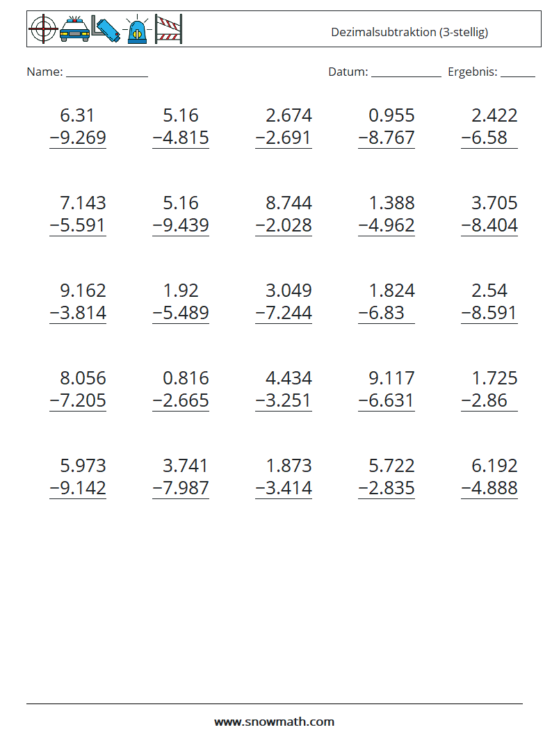 (25) Dezimalsubtraktion (3-stellig) Mathe-Arbeitsblätter 1