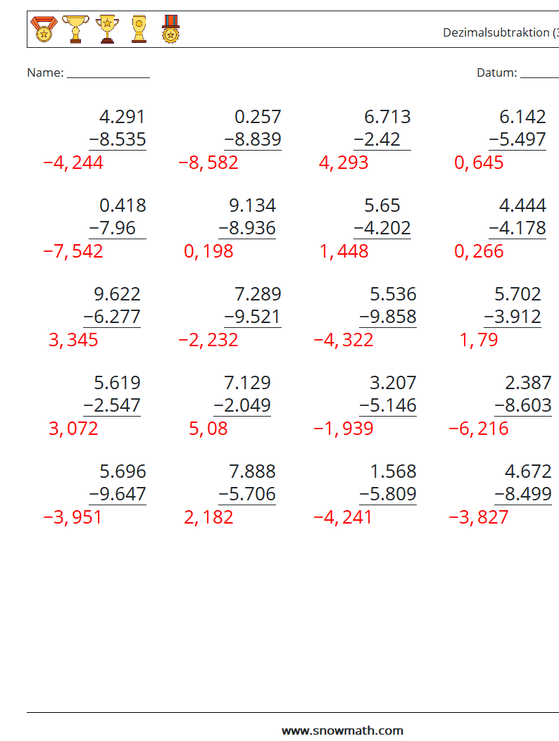 (25) Dezimalsubtraktion (3-stellig) Mathe-Arbeitsblätter 10 Frage, Antwort