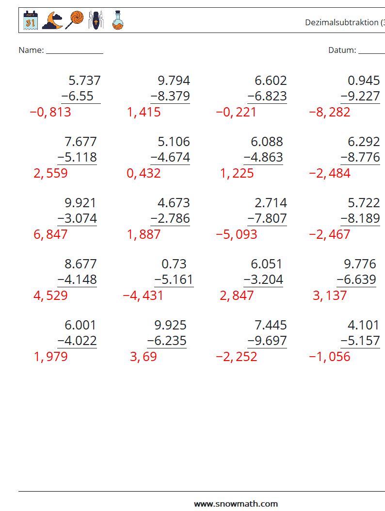 (25) Dezimalsubtraktion (3-stellig) Mathe-Arbeitsblätter 11 Frage, Antwort