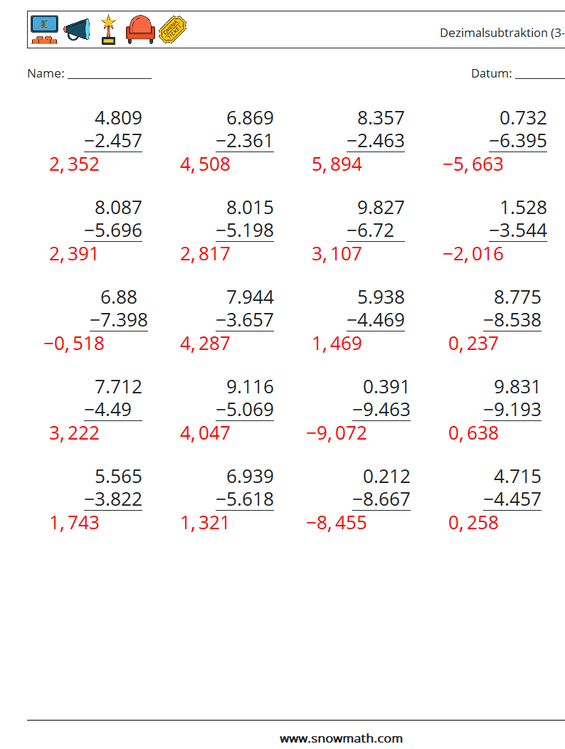 (25) Dezimalsubtraktion (3-stellig) Mathe-Arbeitsblätter 13 Frage, Antwort