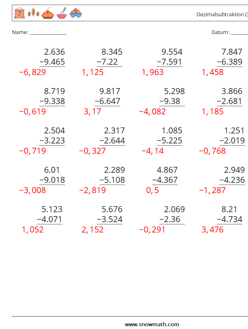 (25) Dezimalsubtraktion (3-stellig) Mathe-Arbeitsblätter 14 Frage, Antwort