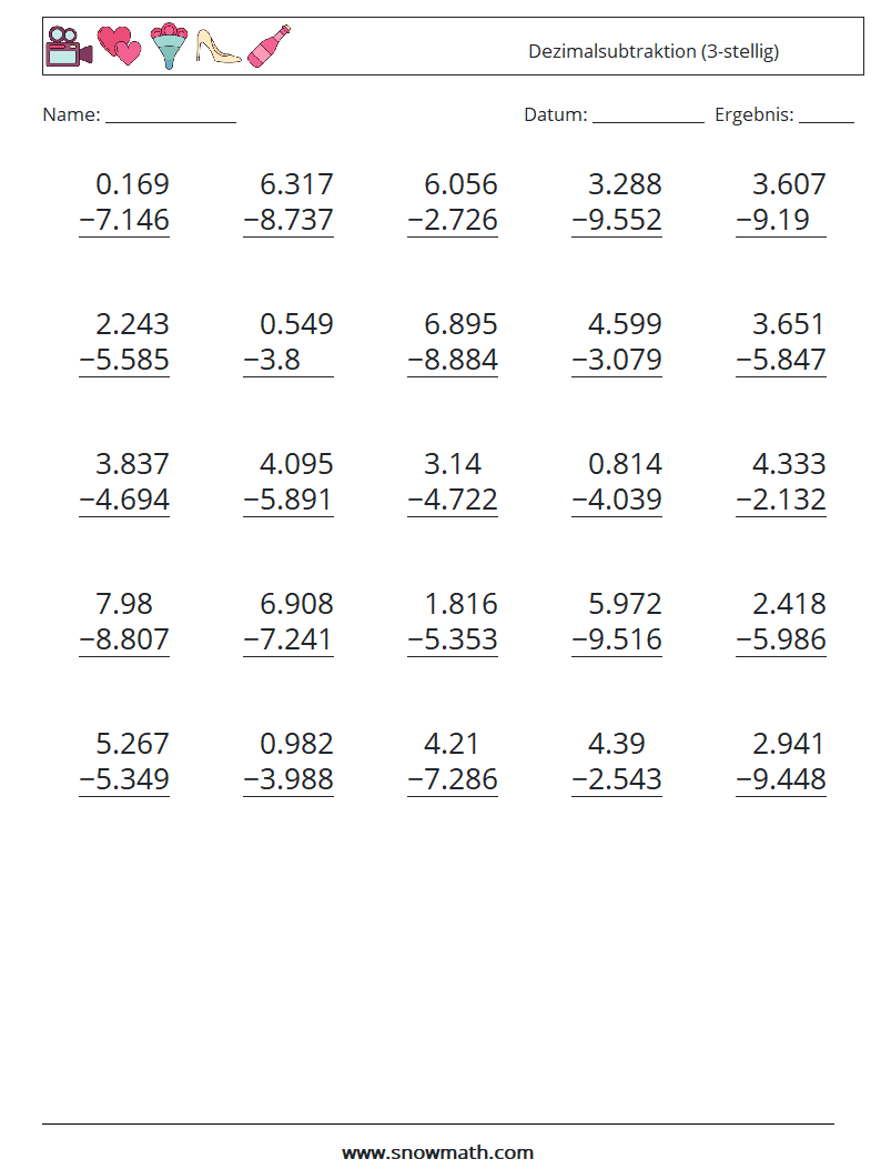 (25) Dezimalsubtraktion (3-stellig) Mathe-Arbeitsblätter 18