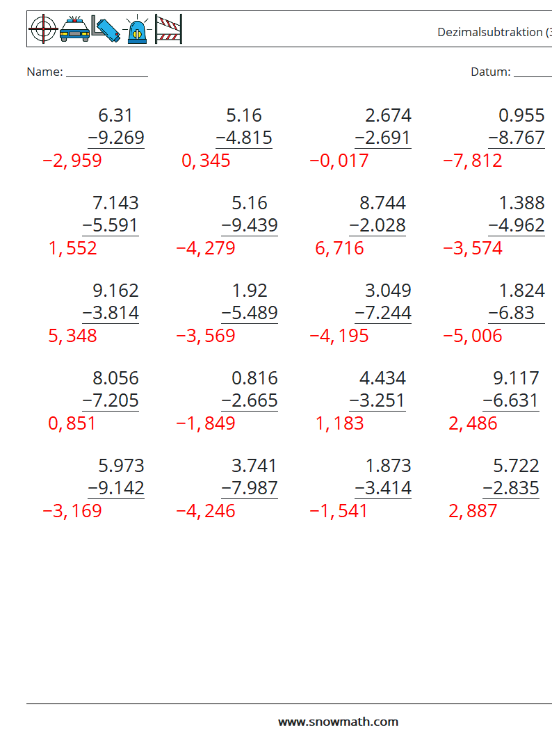 (25) Dezimalsubtraktion (3-stellig) Mathe-Arbeitsblätter 1 Frage, Antwort