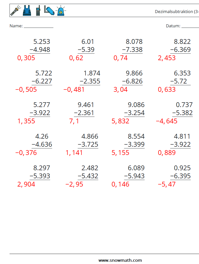 (25) Dezimalsubtraktion (3-stellig) Mathe-Arbeitsblätter 2 Frage, Antwort