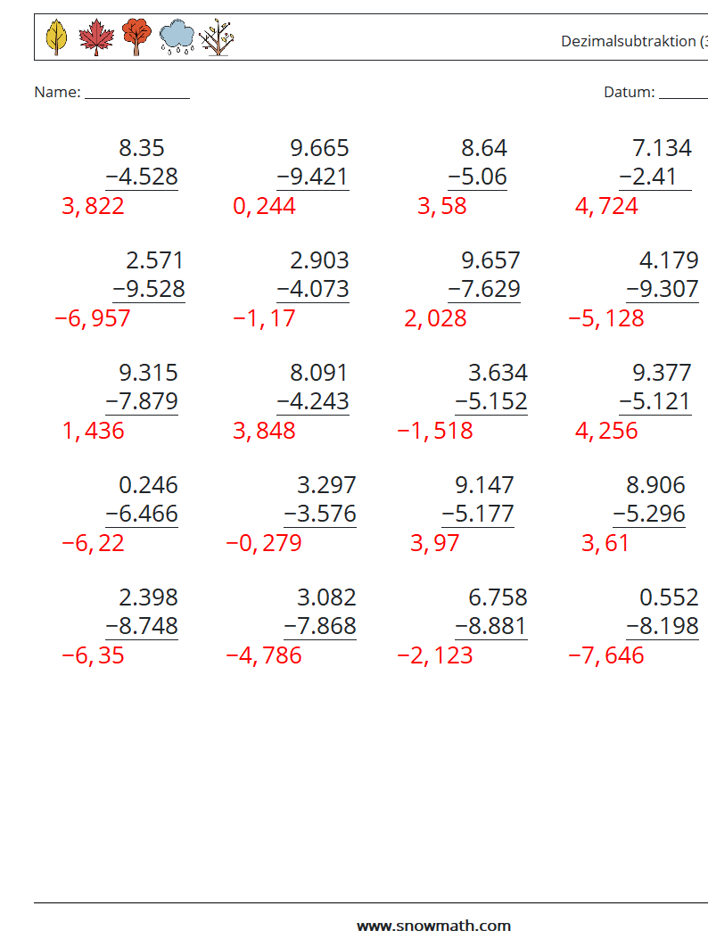 (25) Dezimalsubtraktion (3-stellig) Mathe-Arbeitsblätter 3 Frage, Antwort