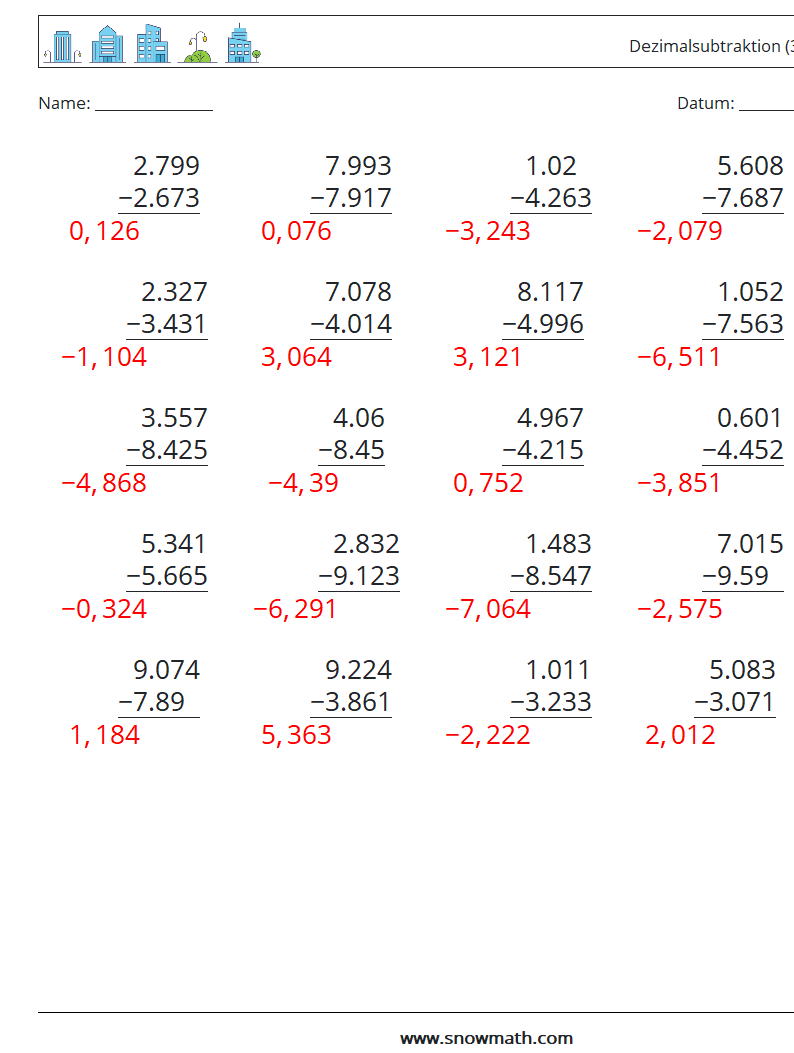 (25) Dezimalsubtraktion (3-stellig) Mathe-Arbeitsblätter 5 Frage, Antwort