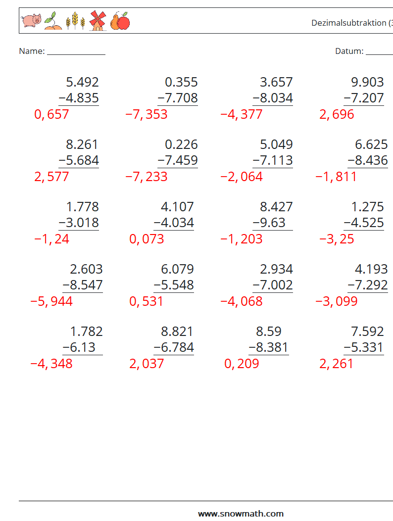 (25) Dezimalsubtraktion (3-stellig) Mathe-Arbeitsblätter 6 Frage, Antwort