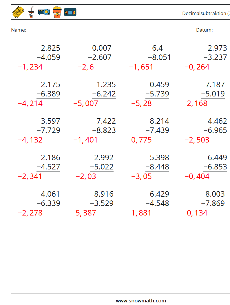 (25) Dezimalsubtraktion (3-stellig) Mathe-Arbeitsblätter 7 Frage, Antwort