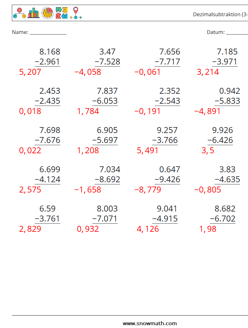 (25) Dezimalsubtraktion (3-stellig) Mathe-Arbeitsblätter 8 Frage, Antwort