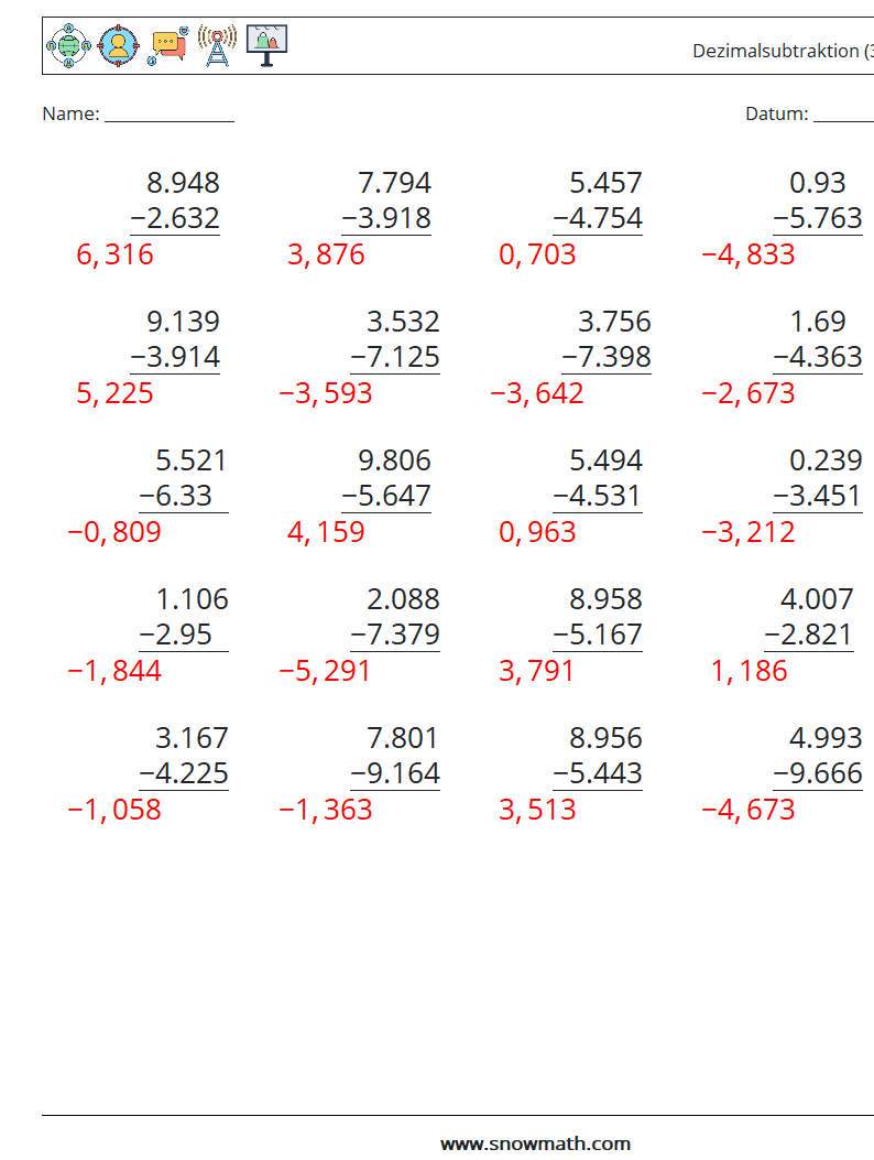 (25) Dezimalsubtraktion (3-stellig) Mathe-Arbeitsblätter 9 Frage, Antwort