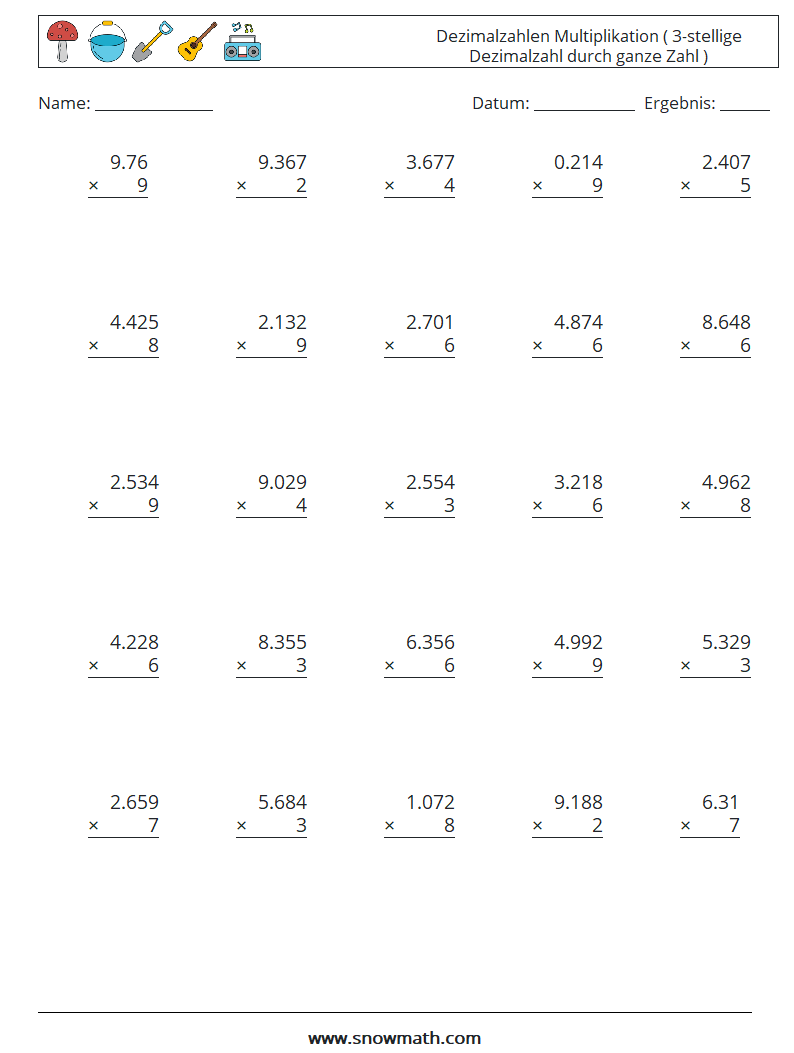 (25) Dezimalzahlen Multiplikation ( 3-stellige Dezimalzahl durch ganze Zahl ) Mathe-Arbeitsblätter 1