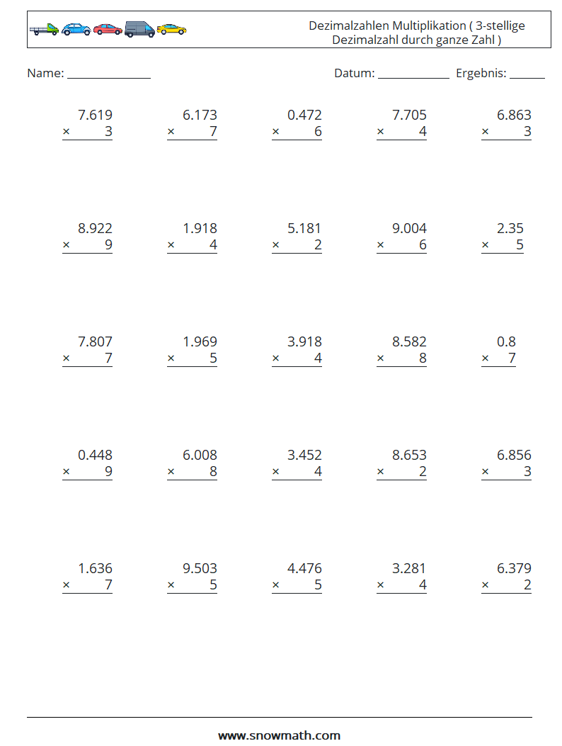(25) Dezimalzahlen Multiplikation ( 3-stellige Dezimalzahl durch ganze Zahl ) Mathe-Arbeitsblätter 11
