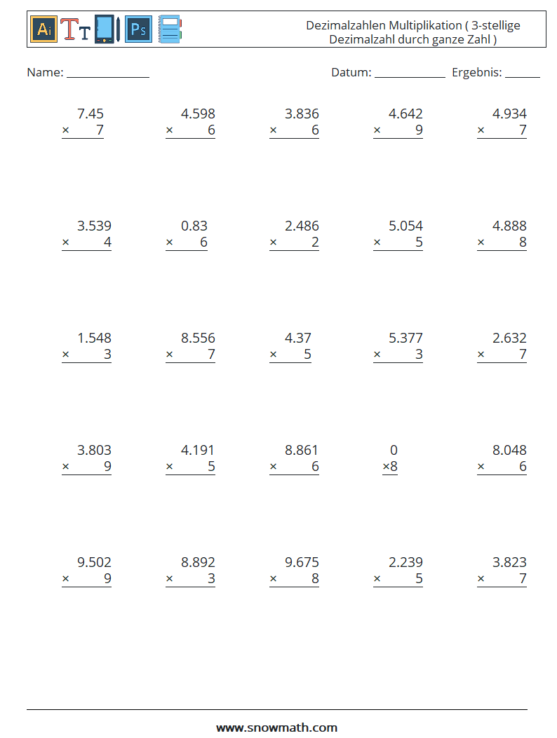 (25) Dezimalzahlen Multiplikation ( 3-stellige Dezimalzahl durch ganze Zahl ) Mathe-Arbeitsblätter 12