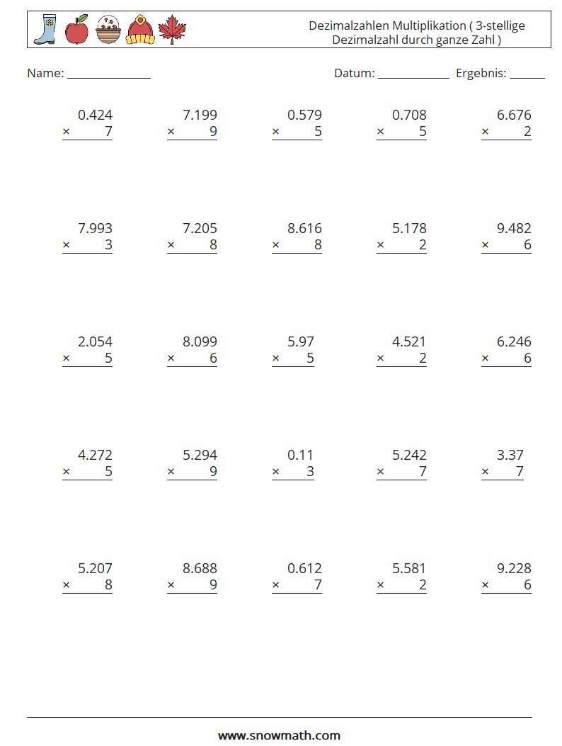 (25) Dezimalzahlen Multiplikation ( 3-stellige Dezimalzahl durch ganze Zahl ) Mathe-Arbeitsblätter 13