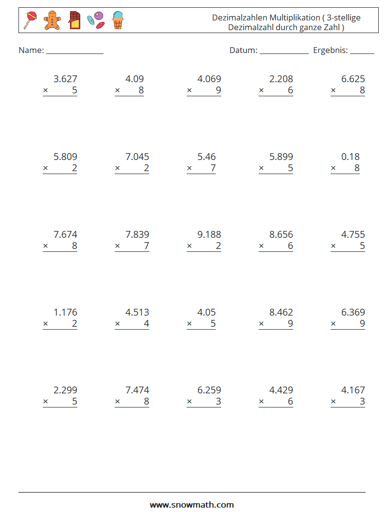 (25) Dezimalzahlen Multiplikation ( 3-stellige Dezimalzahl durch ganze Zahl ) Mathe-Arbeitsblätter 14