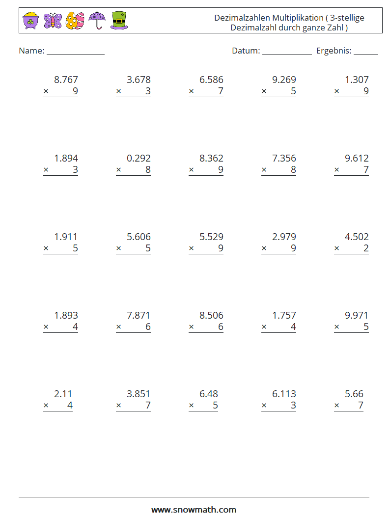 (25) Dezimalzahlen Multiplikation ( 3-stellige Dezimalzahl durch ganze Zahl ) Mathe-Arbeitsblätter 15