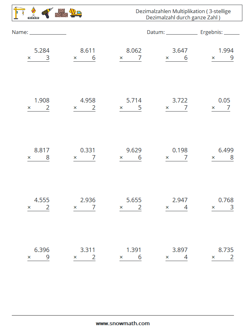 (25) Dezimalzahlen Multiplikation ( 3-stellige Dezimalzahl durch ganze Zahl ) Mathe-Arbeitsblätter 16