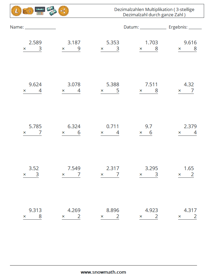(25) Dezimalzahlen Multiplikation ( 3-stellige Dezimalzahl durch ganze Zahl ) Mathe-Arbeitsblätter 17