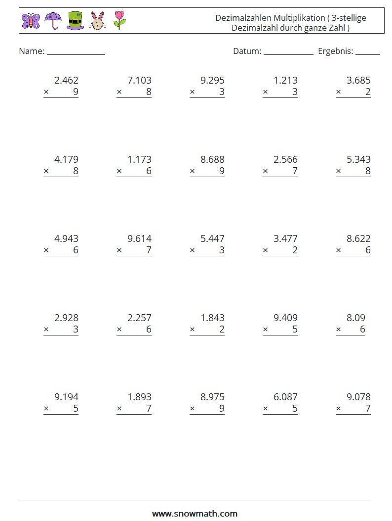 (25) Dezimalzahlen Multiplikation ( 3-stellige Dezimalzahl durch ganze Zahl ) Mathe-Arbeitsblätter 18