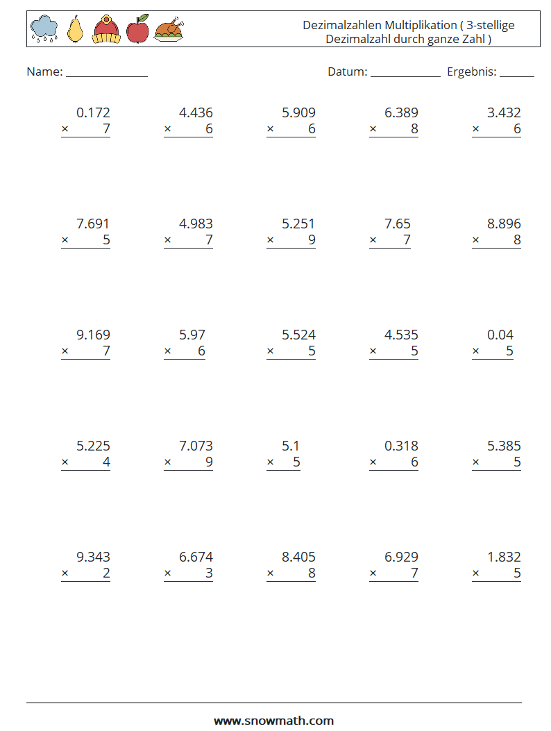 (25) Dezimalzahlen Multiplikation ( 3-stellige Dezimalzahl durch ganze Zahl ) Mathe-Arbeitsblätter 2