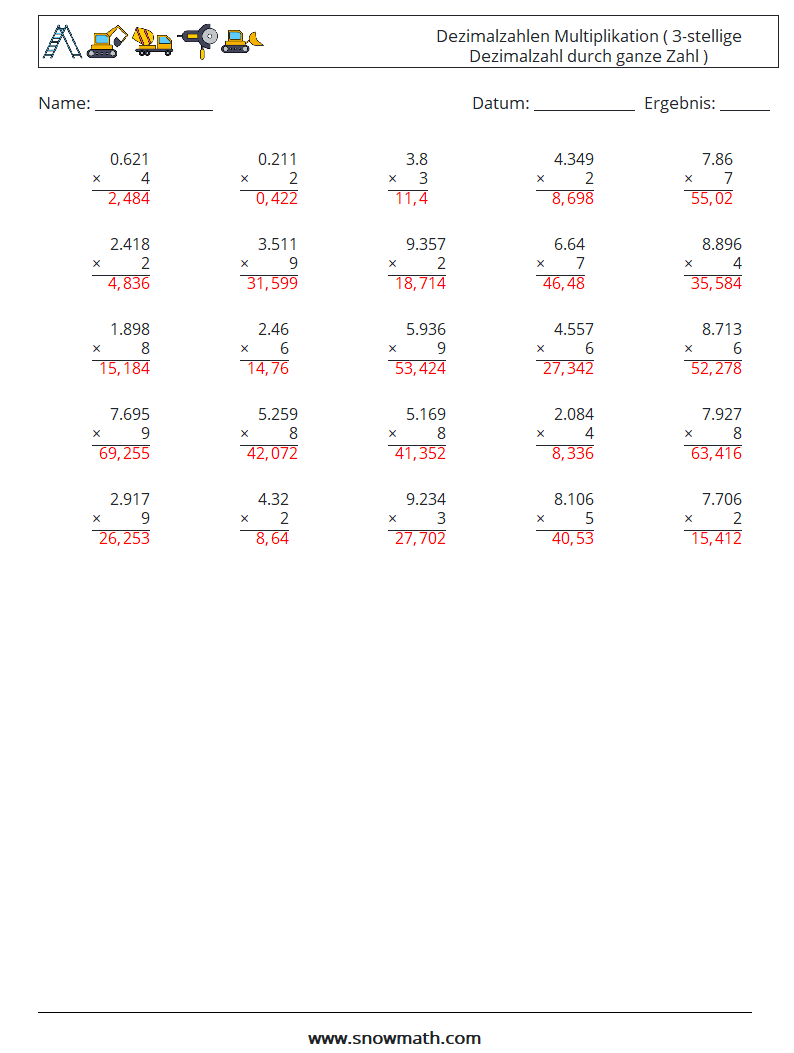 (25) Dezimalzahlen Multiplikation ( 3-stellige Dezimalzahl durch ganze Zahl ) Mathe-Arbeitsblätter 3 Frage, Antwort