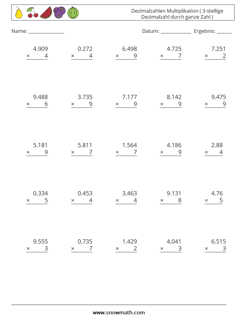 (25) Dezimalzahlen Multiplikation ( 3-stellige Dezimalzahl durch ganze Zahl ) Mathe-Arbeitsblätter 4