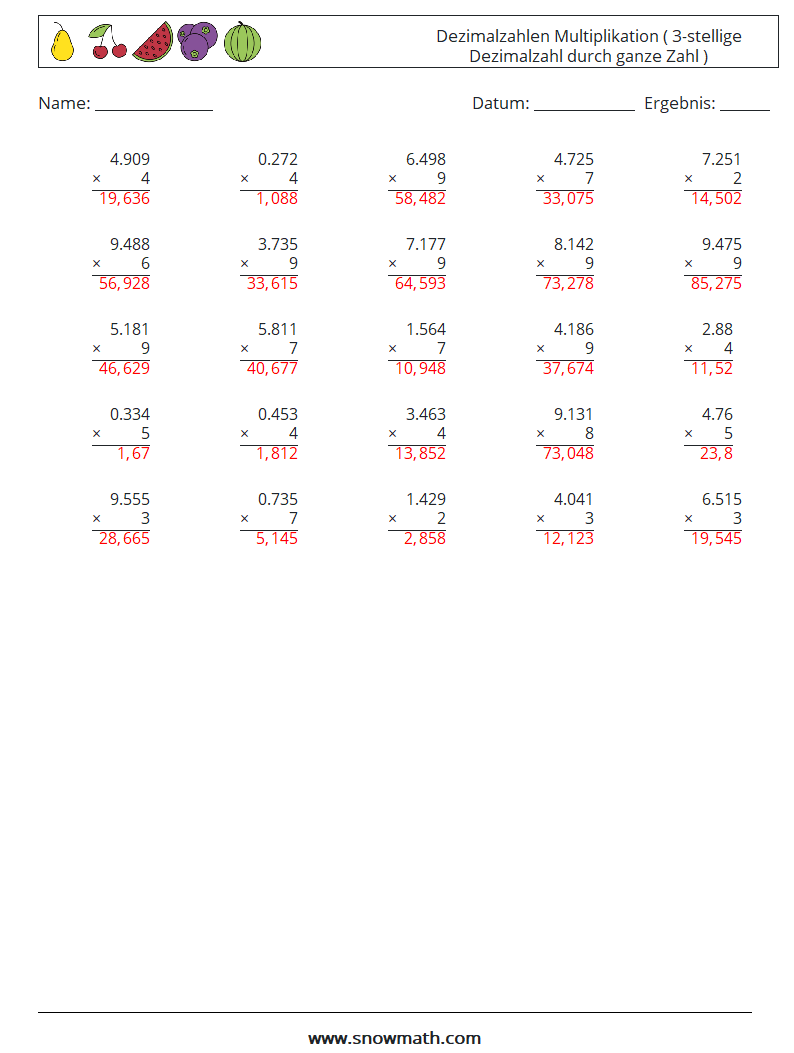 (25) Dezimalzahlen Multiplikation ( 3-stellige Dezimalzahl durch ganze Zahl ) Mathe-Arbeitsblätter 4 Frage, Antwort
