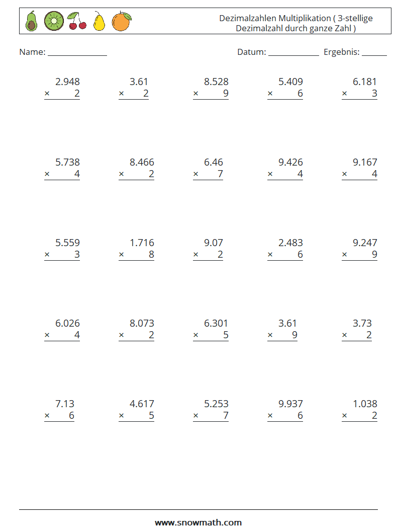 (25) Dezimalzahlen Multiplikation ( 3-stellige Dezimalzahl durch ganze Zahl ) Mathe-Arbeitsblätter 6