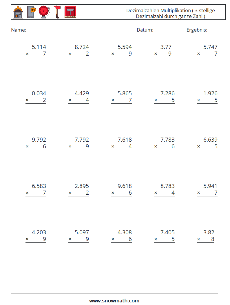 (25) Dezimalzahlen Multiplikation ( 3-stellige Dezimalzahl durch ganze Zahl ) Mathe-Arbeitsblätter 7