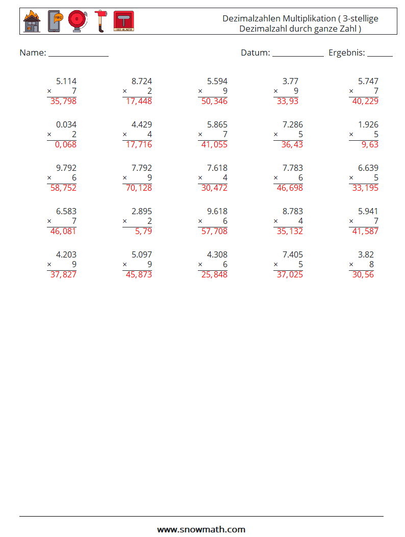 (25) Dezimalzahlen Multiplikation ( 3-stellige Dezimalzahl durch ganze Zahl ) Mathe-Arbeitsblätter 7 Frage, Antwort