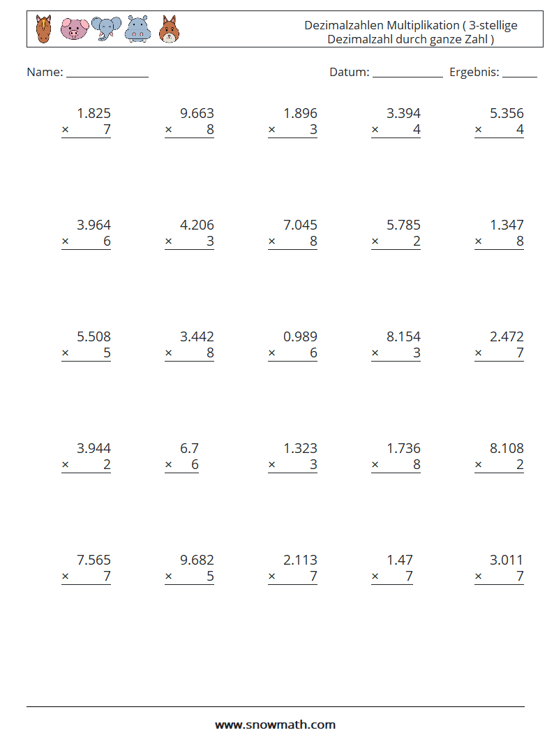 (25) Dezimalzahlen Multiplikation ( 3-stellige Dezimalzahl durch ganze Zahl ) Mathe-Arbeitsblätter 8