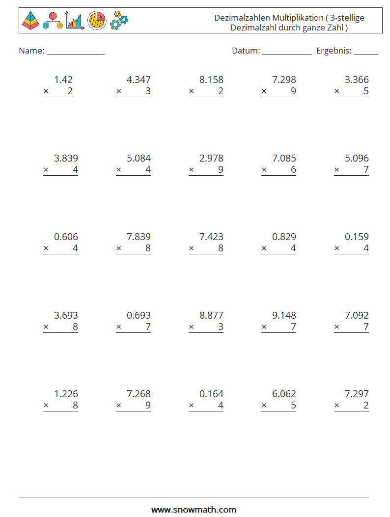 (25) Dezimalzahlen Multiplikation ( 3-stellige Dezimalzahl durch ganze Zahl ) Mathe-Arbeitsblätter 9