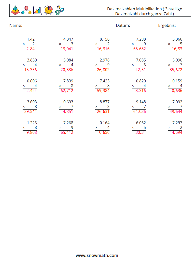 (25) Dezimalzahlen Multiplikation ( 3-stellige Dezimalzahl durch ganze Zahl ) Mathe-Arbeitsblätter 9 Frage, Antwort