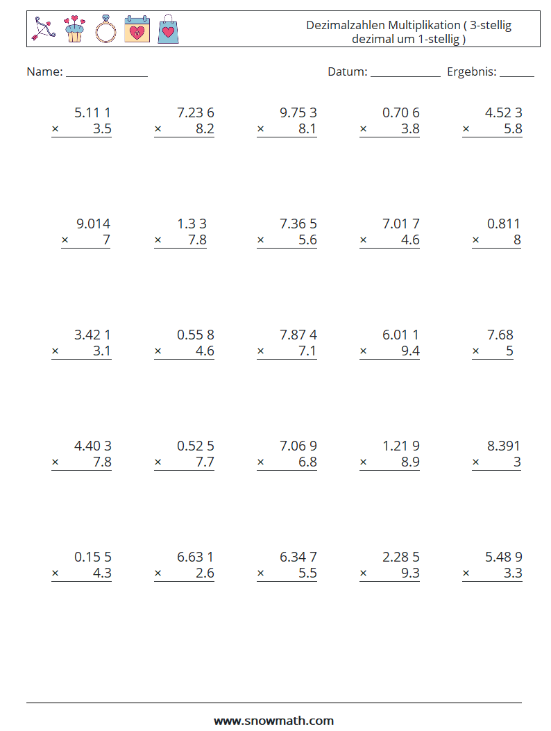 (25) Dezimalzahlen Multiplikation ( 3-stellig dezimal um 1-stellig ) Mathe-Arbeitsblätter 1