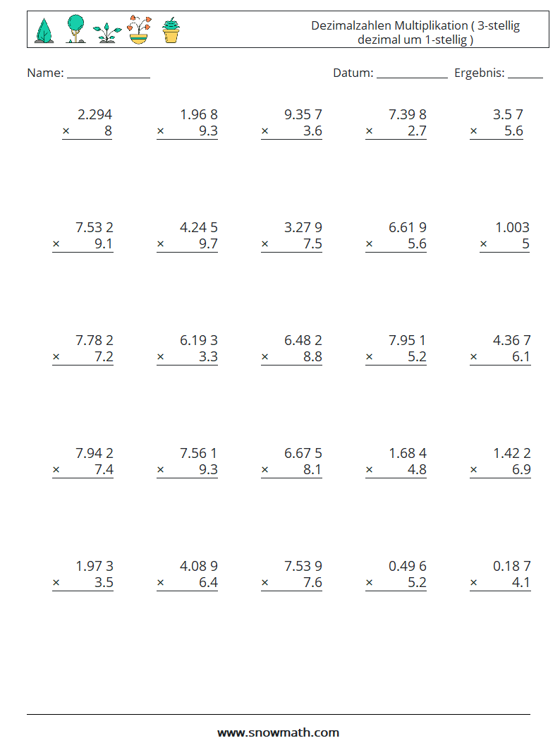 (25) Dezimalzahlen Multiplikation ( 3-stellig dezimal um 1-stellig ) Mathe-Arbeitsblätter 10