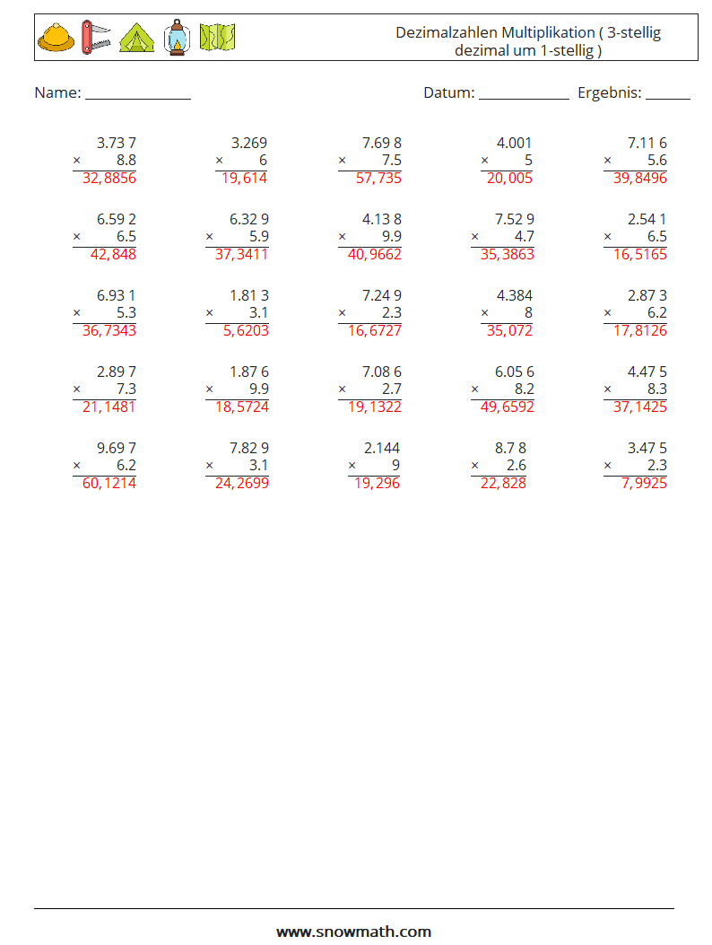 (25) Dezimalzahlen Multiplikation ( 3-stellig dezimal um 1-stellig ) Mathe-Arbeitsblätter 11 Frage, Antwort