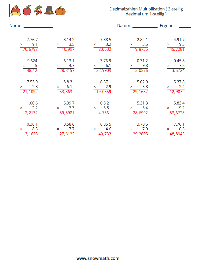 (25) Dezimalzahlen Multiplikation ( 3-stellig dezimal um 1-stellig ) Mathe-Arbeitsblätter 12 Frage, Antwort