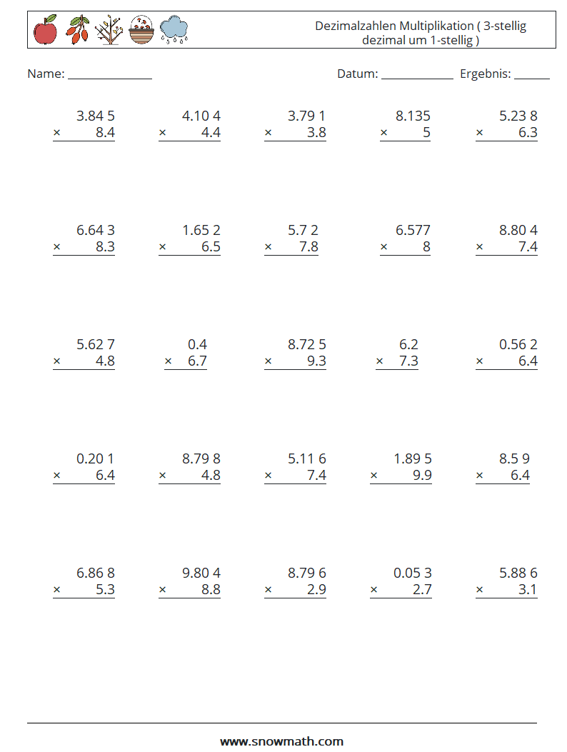 (25) Dezimalzahlen Multiplikation ( 3-stellig dezimal um 1-stellig ) Mathe-Arbeitsblätter 13