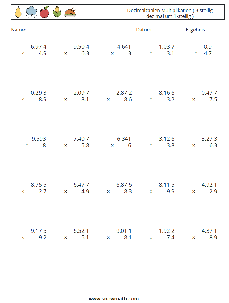 (25) Dezimalzahlen Multiplikation ( 3-stellig dezimal um 1-stellig ) Mathe-Arbeitsblätter 14