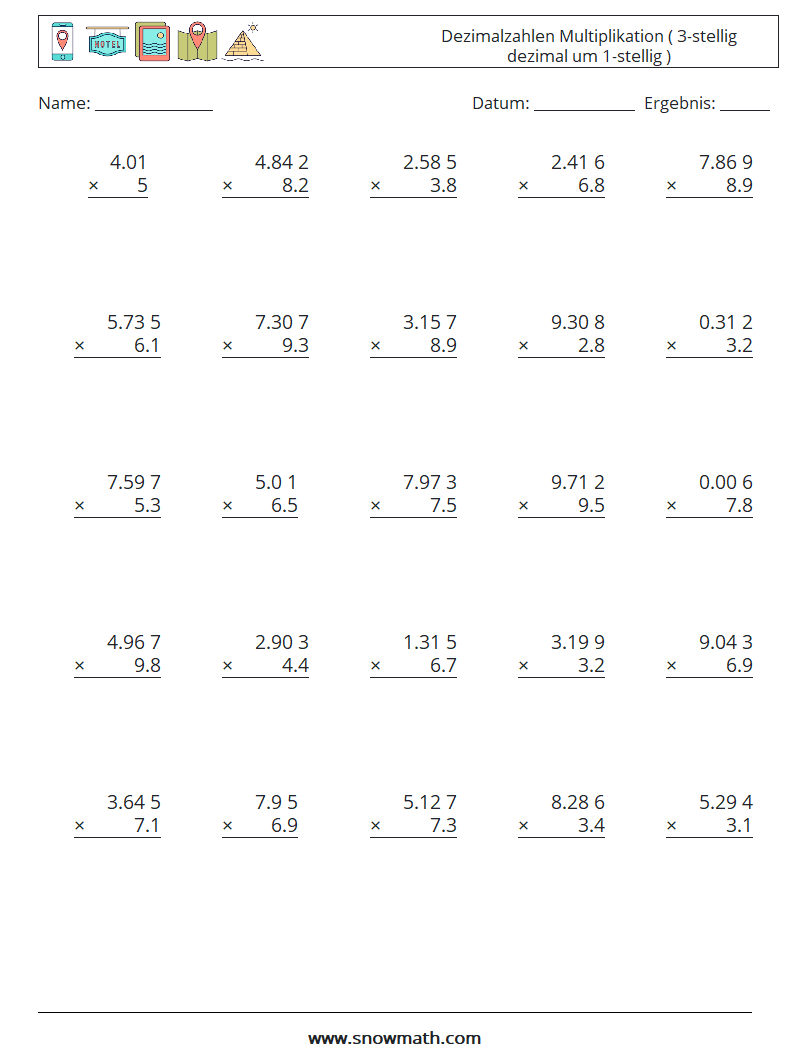 (25) Dezimalzahlen Multiplikation ( 3-stellig dezimal um 1-stellig ) Mathe-Arbeitsblätter 17