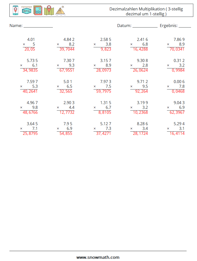 (25) Dezimalzahlen Multiplikation ( 3-stellig dezimal um 1-stellig ) Mathe-Arbeitsblätter 17 Frage, Antwort