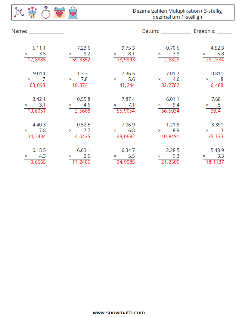 (25) Dezimalzahlen Multiplikation ( 3-stellig dezimal um 1-stellig ) Mathe-Arbeitsblätter 1 Frage, Antwort